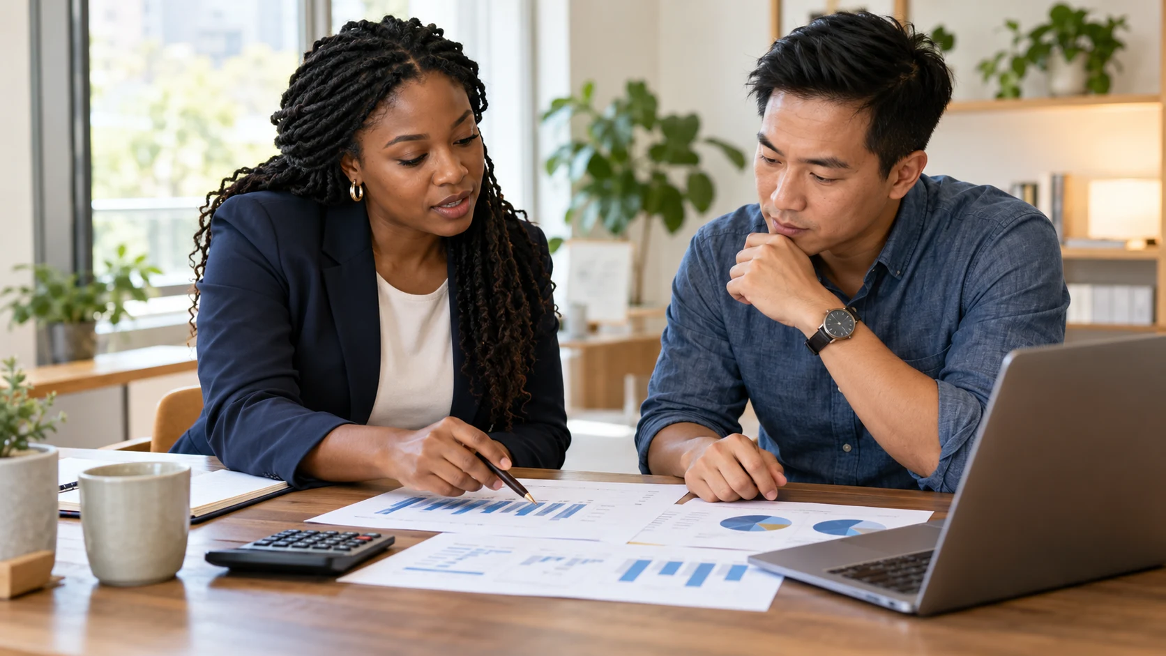 Illustrative professionals reviewing financial reports